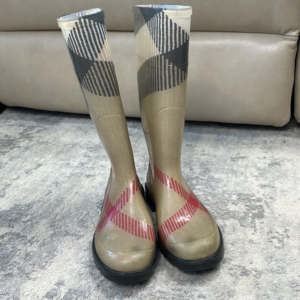 Burberry Nova Check Rubber Rain Boots Mid Calf Beige Plaid Wellies Sz 36